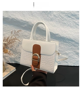 Detail of white crocodile textured leather bag with brown flap and gold horseshoe buckle