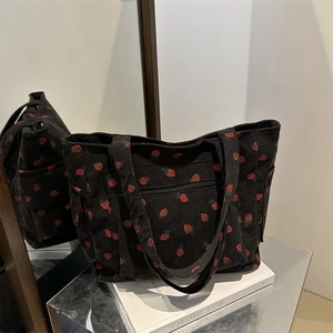 Large black corduroy tote bag with strawberry print and side pocket for women
