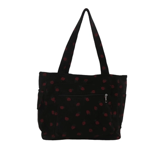 Large capacity black corduroy tote bag with red strawberry print and front zipper pocket
