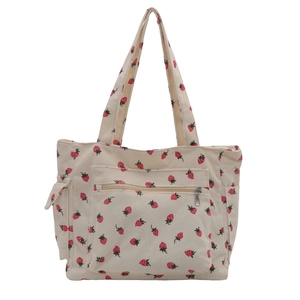 Large capacity strawberry print corduroy tote bag with multiple pockets for daily commuting