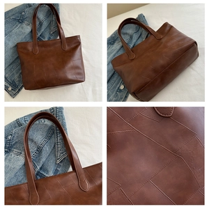 Detailed views of brown tote bag with geometric stitching and large capacity design