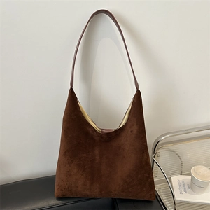 Brown suede hobo tote bag with dark coffee leather strap and minimalist large capacity design