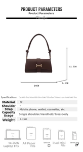 Detailed size specifications for a retro dark brown baguette bag with H-buckle detail