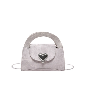 Grey washed denim heart lock mini handbag with silver chain strap for women