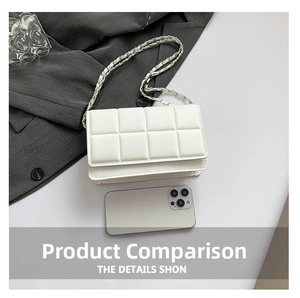 Mini white quilted chain bag detail showing textured surface and smartphone size scale