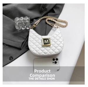 Detailed size comparison of white quilted hobo bag with M buckle and gold chain strap