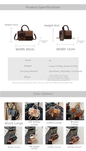 Size chart showing large 20x14x8cm and small 13x9x6cm crossbody bags in various colors