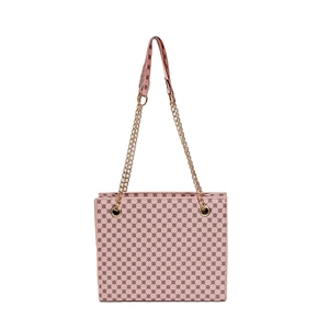 Pink monogram tote bag with gold chain strap and vintage geometric pattern for women