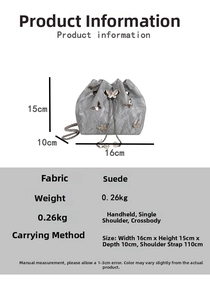 Size guide for pleated drawstring bucket bag showing dimensions and suede material details