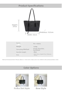 Detailed size chart of the polka dot tote bag with bow, showing 42x27x10.5cm dimensions
