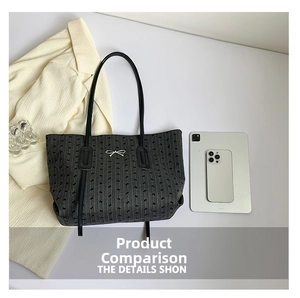 Size comparison of gray polka dot tote bag with an 11-inch tablet and smartphone
