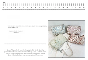Detailed spec sheet showing material, weight and 31x22x10cm size of a floral tote bag