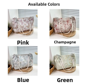 Detailed grid showing four colors of embroidered tote bags with floral and butterfly patterns