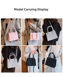 Detailed views of crossbody tote bags showing crinkled texture in pink, silver and black