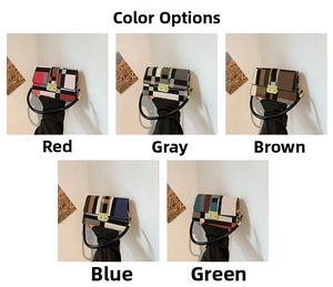 Detail showing five color options of geometric patchwork crossbody bags with metal locks