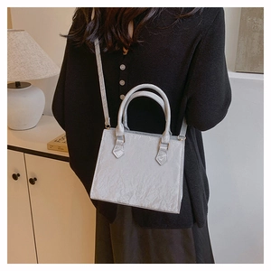 Close-up of light gray crossbody bag with pleated texture and golden metal hardware