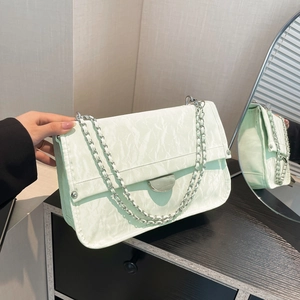 Minimalist chain flap shoulder bag in mint green with metallic clasp and mirror reflection