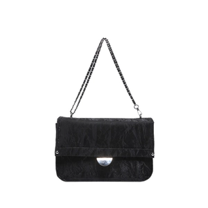 Minimalist black pleated crossbody bag with silver chain strap and metal clasp closure