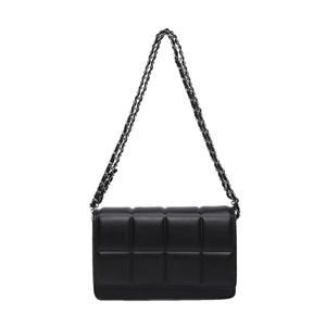 Chic black quilted square shoulder bag with silver woven chain strap for women