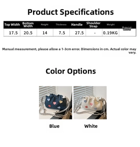 Detailed size chart and dimensions for the trendy heart pattern canvas shoulder bag