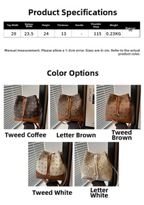 Detailed size chart and multi-color options for vintage floral print bucket shoulder bag