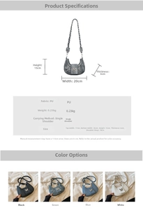 Spécifications détaillées du sac bandoulière demi-lune avec boucle papillon et poids 0,23kg