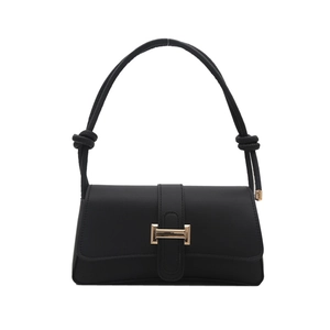 Minimalist black matte leather rectangular shoulder bag with golden H-shaped buckle