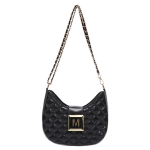 Chic black quilted crescent shoulder bag with a gold M-buckle and metal chain strap