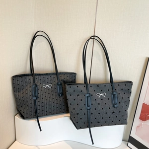 Women Large Tote Bag Fabric Bow Polka Dot Print Handbag Shoulder Bag Metal Charm Chic Casual