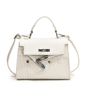 Elegant white litchi pattern Kelly bag with silver lock and adjustable shoulder strap