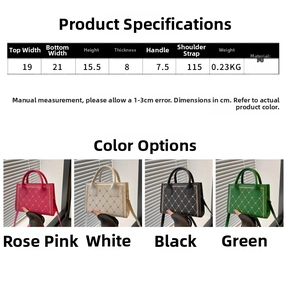 Detailed dimension chart and color options for quilted PU leather heart crossbody bag