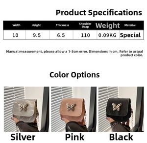 Mini crossbody bag with butterfly decor showing dimensions: 10cm x 9.5cm and chain strap