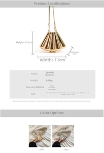 Detailed size and dimension specs for metallic shell crossbody bag with metal chain strap