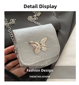 Detailed macro of the silver butterfly ornament and marble texture on mini chain bag