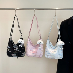 Women Hobo Shoulder Bag Canvas Fabric Colorful Wavy Embroidery Silver Chain Plush Cloud Charm Large Capacity Street Trend Casual