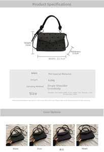 Detaillierte Übersicht der PU-Ledertasche mit Maßen, Gewicht und Mustervarianten