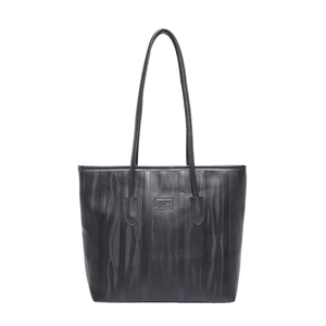 Minimalist black tote bag with wavy texture and metallic logo for daily commuting