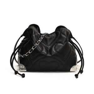 Large black quilted tote bag with silver chain strap and heart pattern stitching