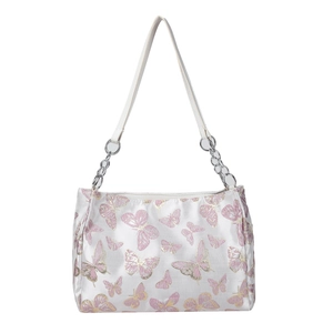Chic white shoulder bag with butterfly print and silver chain strap for women
