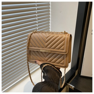Close-up of beige quilted crossbody bag with gold chain strap and metallic clasp