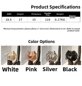 Guide des tailles pour sac seau papillon montrant quatre couleurs et dimensions