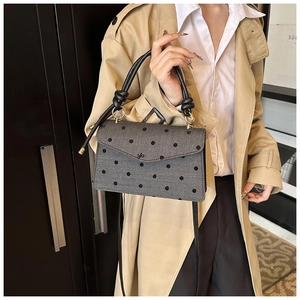Close-up of trendy polka dot crossbody bag with bow hardware on a stylish model