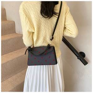 Polka dot crossbody bag shown on a model with a yellow sweater and white skirt