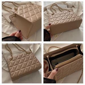 Multiple views showing interior compartments and quilted texture of the beige chain bag