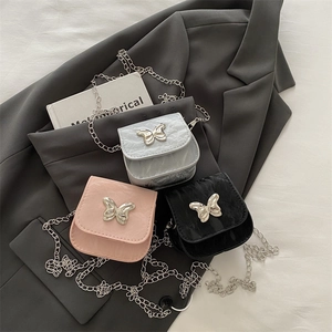 Mini Shoulder Bag PU Leather Crinkle Texture Butterfly Buckle Metal Chain Crossbody Handbag For Women Y2K Trendy