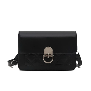 Minimalist black quilted square shoulder bag with silver metal lock and flap closure
