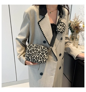 Detail of leopard print shoulder bag with matching round coin purse on wide strap