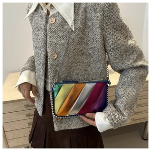 Close-up of rainbow striped chain bag with silver metallic bead trim and leather texture