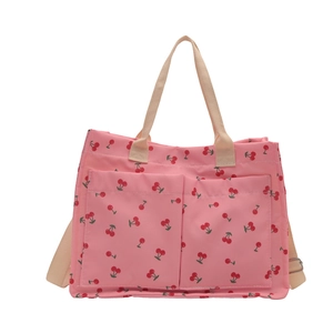 Borsa tote in tela rosa con stampa ciliegia, grandi tasche e tracolla regolabile per donna
