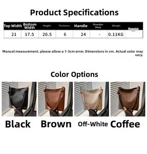 Detailed size specifications and material chart for the Korean-style PU crossbody bag